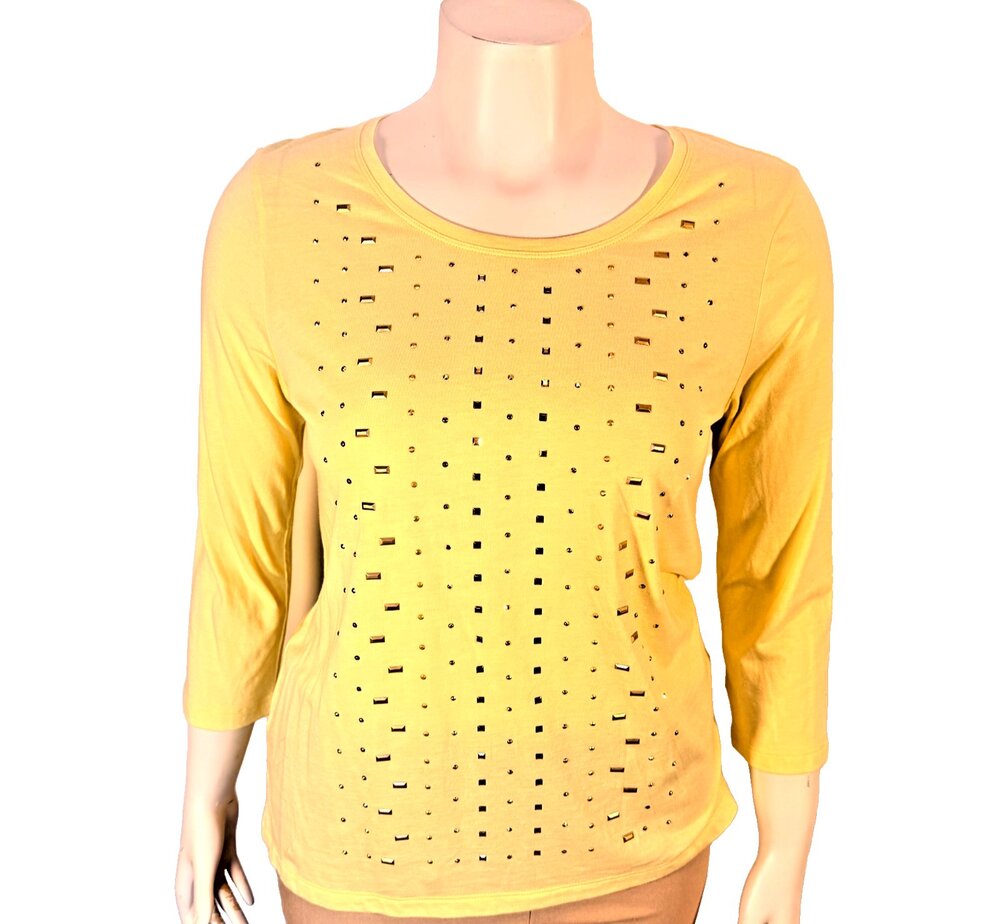 Chico's Top Womens M  ( 1 ) Yellow Gold Beaded 3/4 Sleeve Round Neck NWT